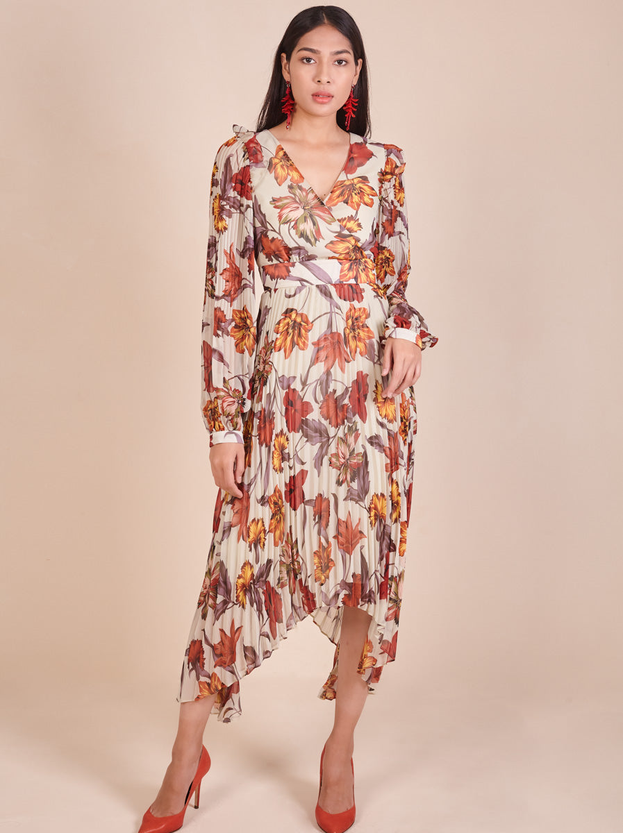 Pleated Printed Chiffon Sleeve Dress