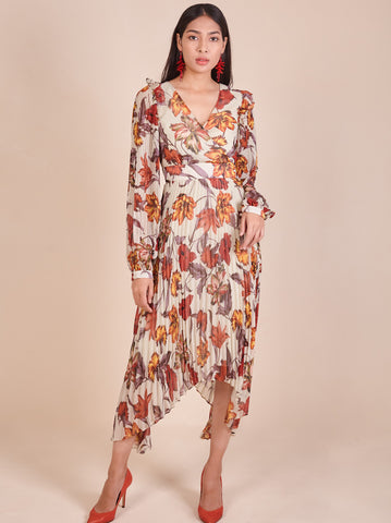 Pleated Printed Chiffon Sleeve Dress