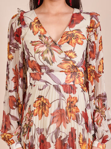 Pleated Printed Chiffon Sleeve Dress