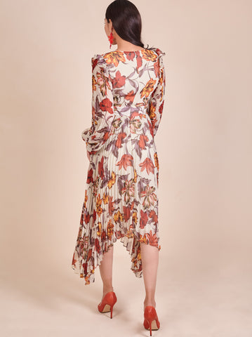 Pleated Printed Chiffon Sleeve Dress