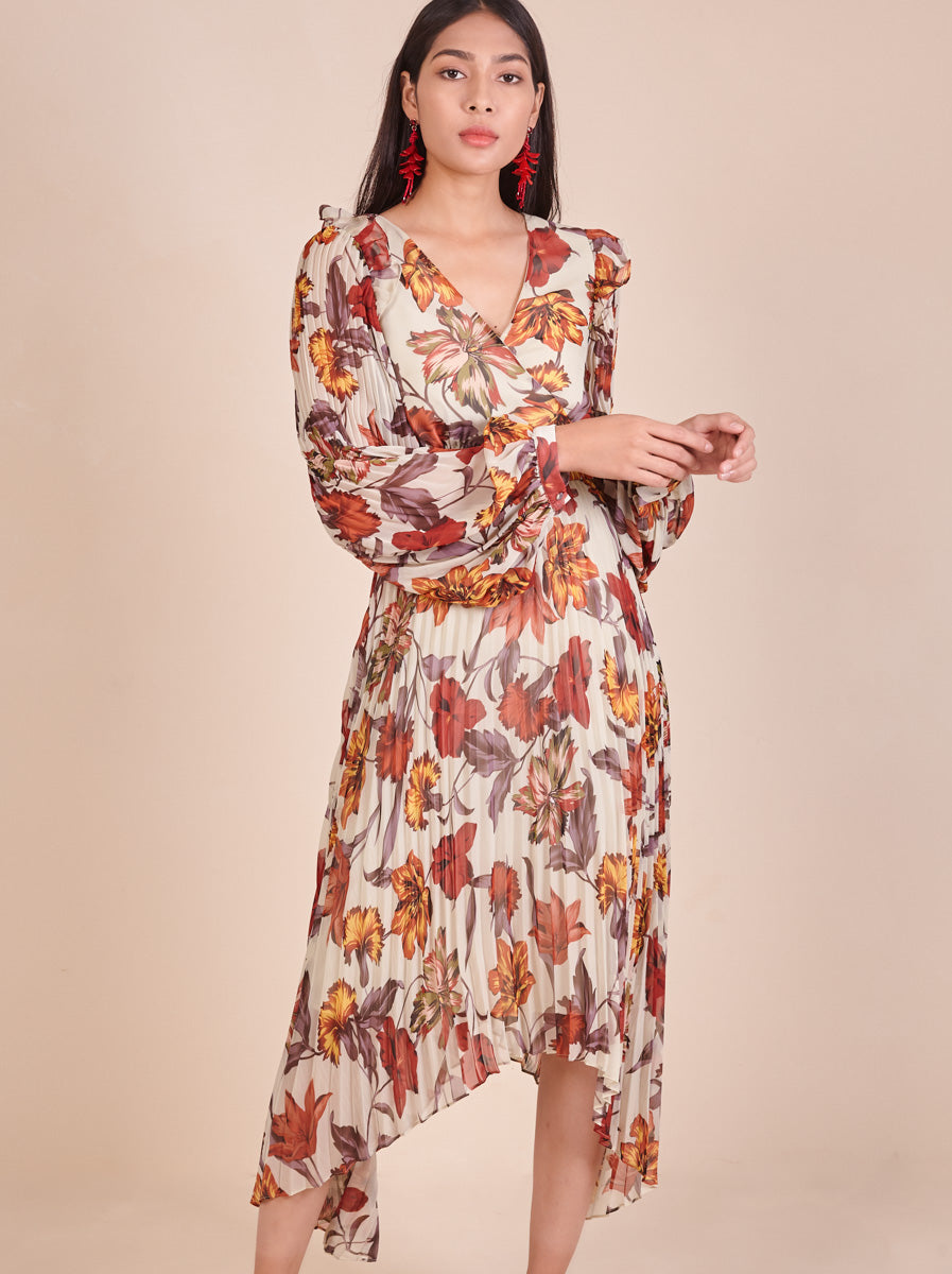 Pleated Printed Chiffon Sleeve Dress