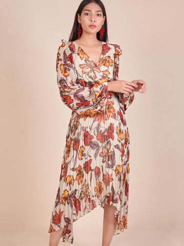 Pleated Printed Chiffon Sleeve Dress