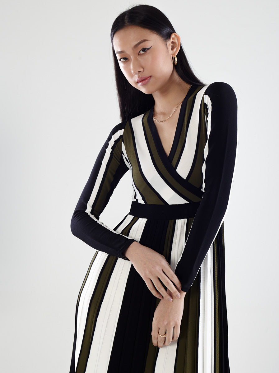 Ribbed Midi Long-Sleeve Wrap Dresses