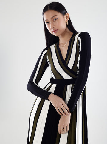 Ribbed Midi Long-Sleeve Wrap Dresses