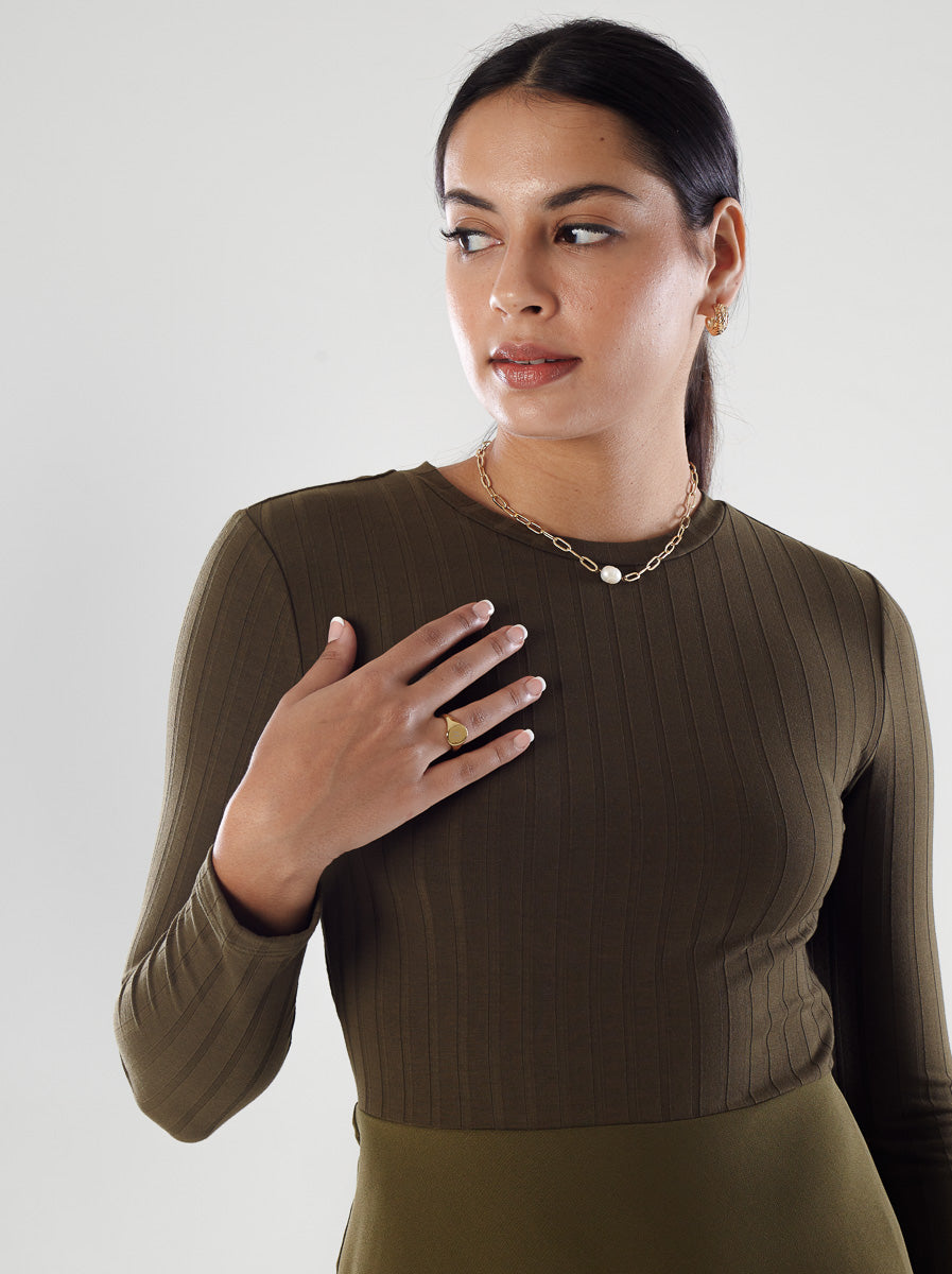 Ribbed Midi Long-Sleeve Dress