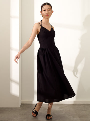 Linen Strappy Dress - Black