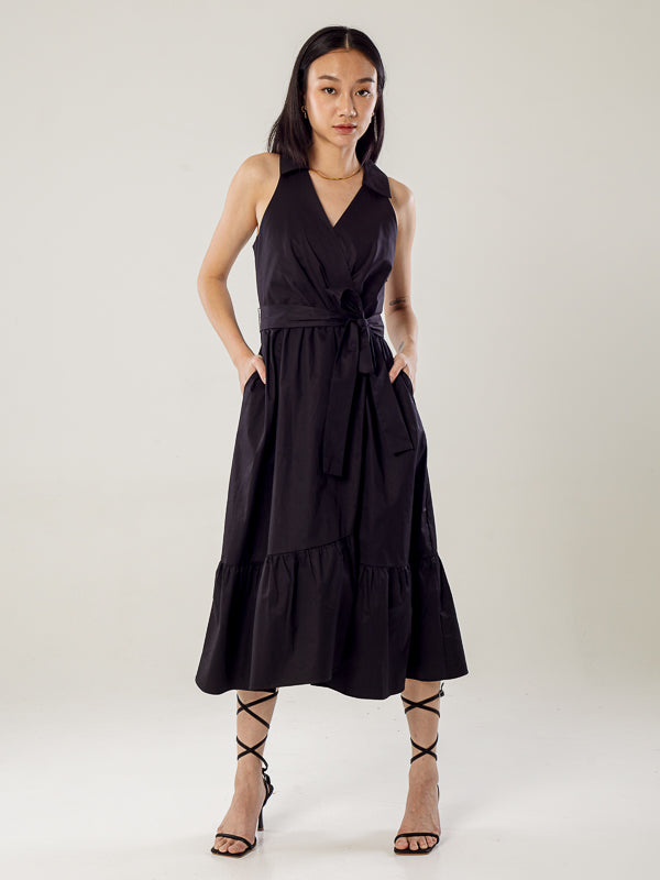 Sleeveless Overlapped Flare Dress - Black