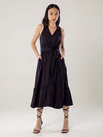 Sleeveless Overlapped Flare Dress - Black