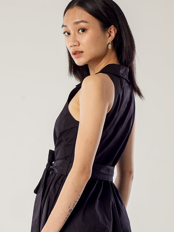 Sleeveless Overlapped Flare Dress - Black