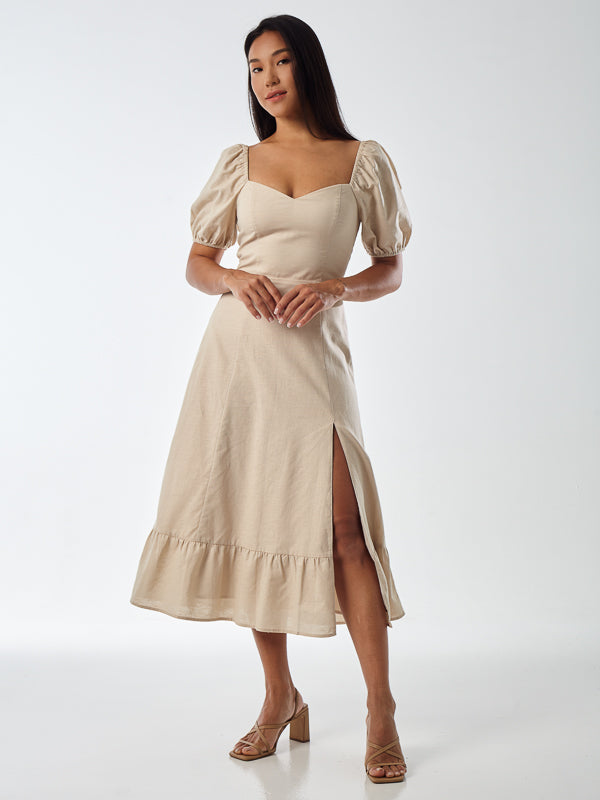 Puff Sleeve Slit Dress - Color