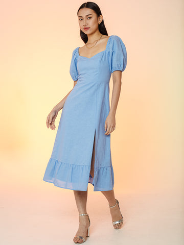 Puff Sleeve Slit Dress - Color