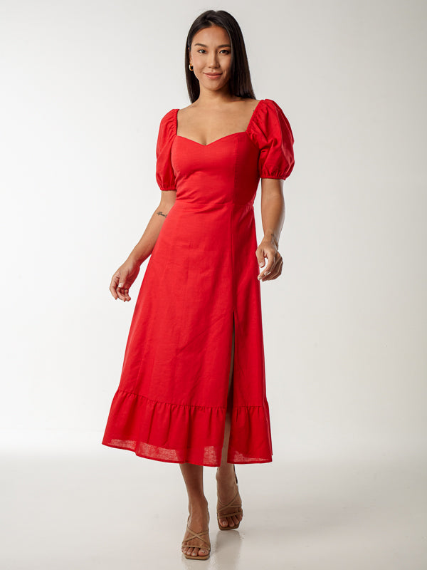 Puff Sleeve Slit Dress - Color