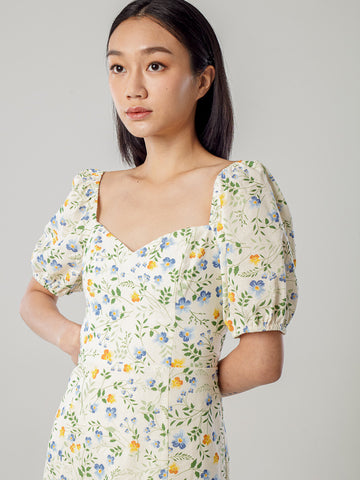 Printed Linen Puff Sleeve Slit Dress