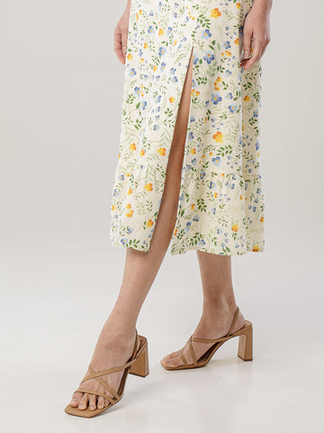 Printed Linen Puff Sleeve Slit Dress