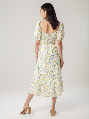 Printed Linen Puff Sleeve Slit Dress