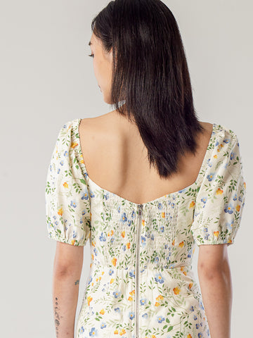 Printed Linen Puff Sleeve Slit Dress