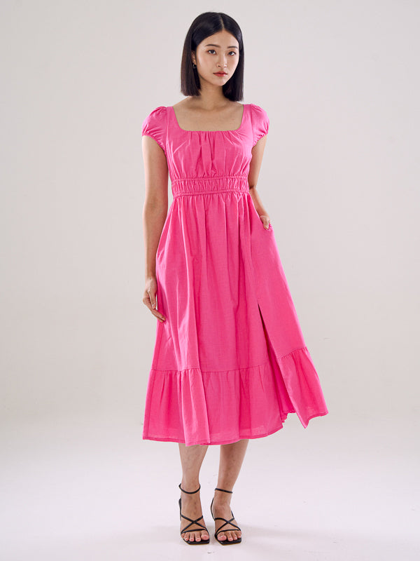 Puff Sleeve Slit Dress - Pink & Black