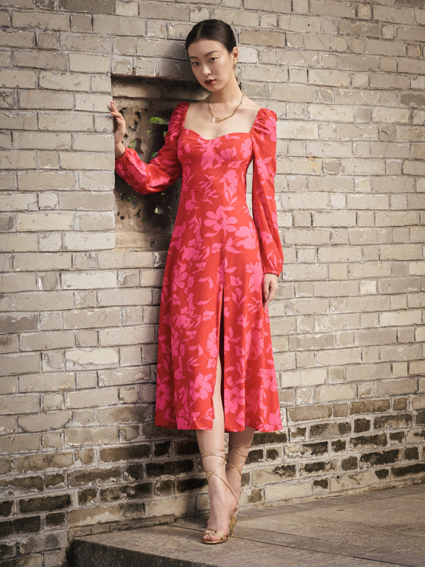 Sweetheart Neckline Loose-Cut Dress - Red