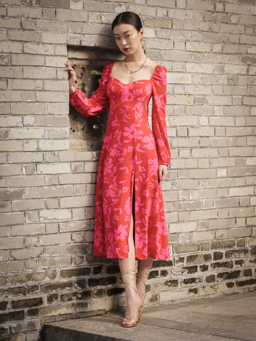 Sweetheart Neckline Loose-Cut Dress - Red