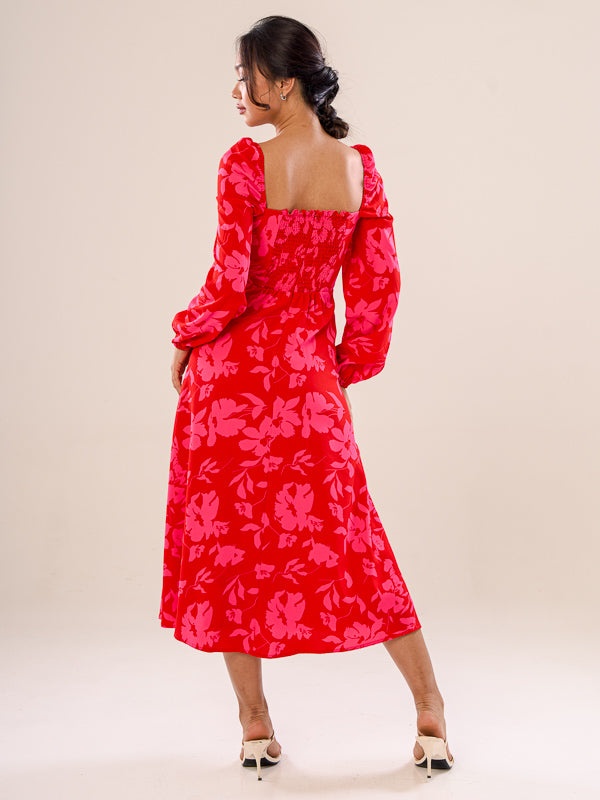 Sweetheart Neckline Loose-Cut Dress - Red