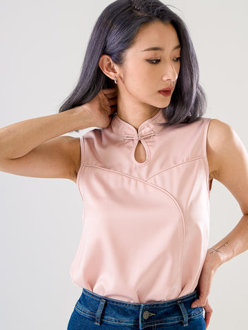 Mandarin Collar Sleeveless Top - Navy & Blush Pink
