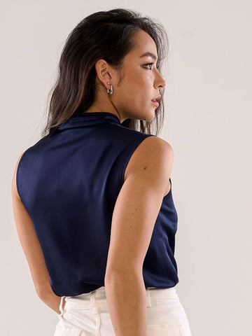 Mandarin Collar Sleeveless Top - Navy & Blush Pink