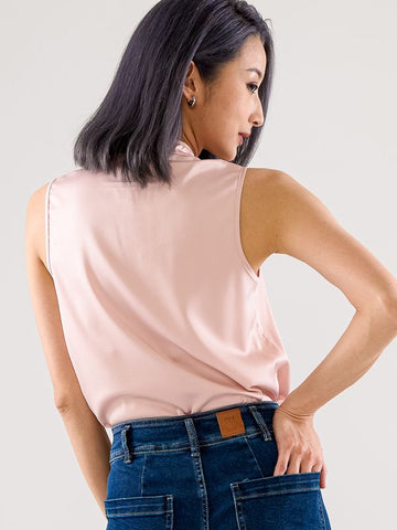 Mandarin Collar Sleeveless Top - Navy & Blush Pink
