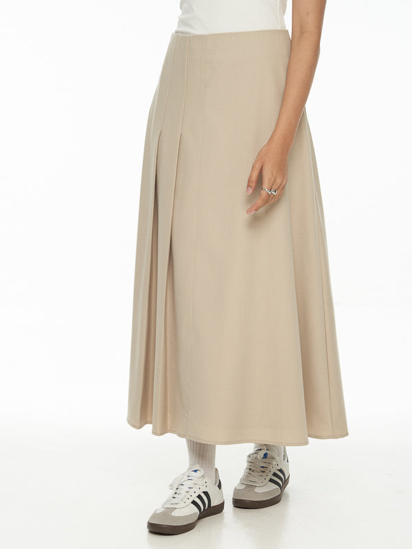 Structured Twill Pleated Midi Skirt