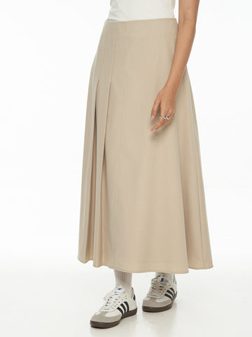 Structured Twill Pleated Midi Skirt