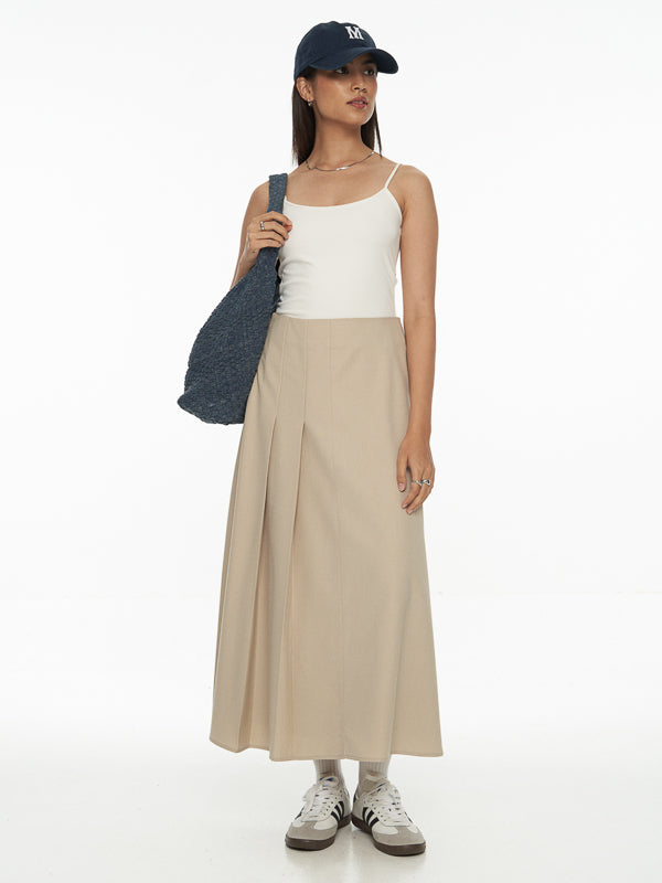 Structured Twill Pleated Midi Skirt