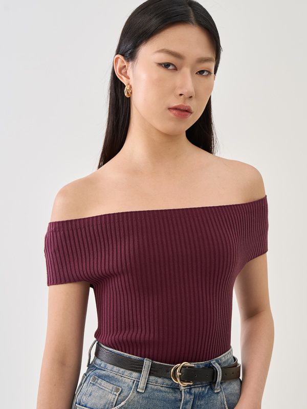Off Shoulder Fitted Ribbed Knit Top