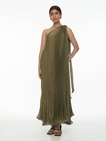Pleated One Shoulder Maxi Dress