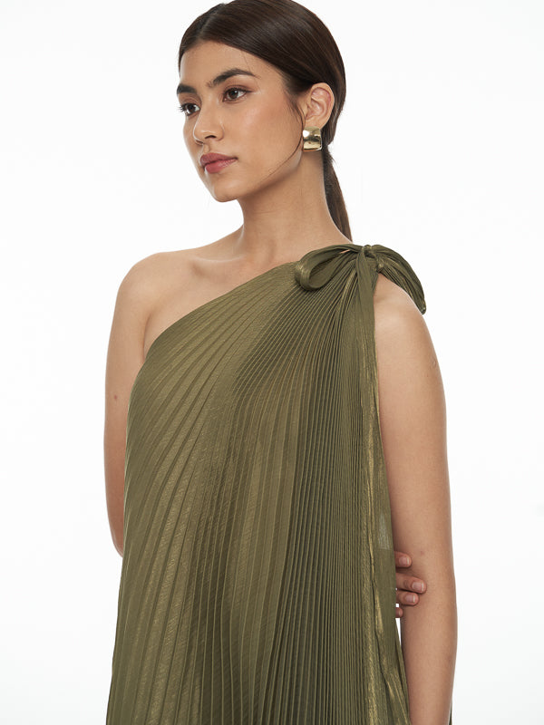 Pleated One Shoulder Maxi Dress