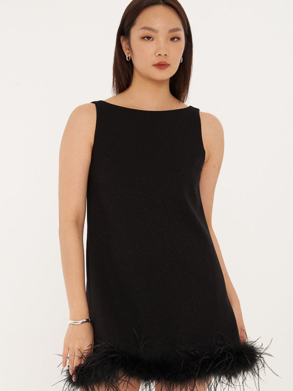Feather Trimmed Sleeveless Mini Dress