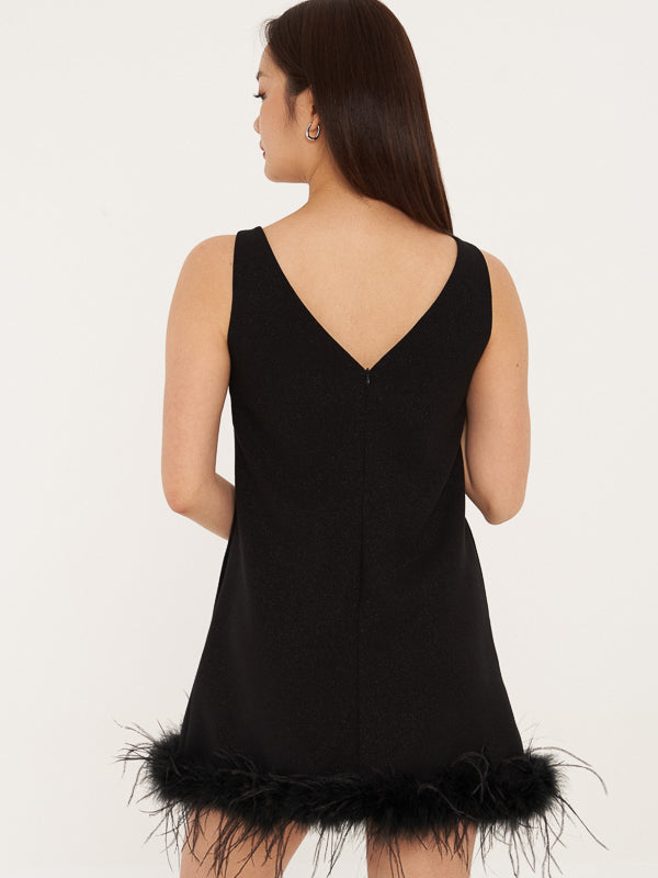 Feather Trimmed Sleeveless Mini Dress