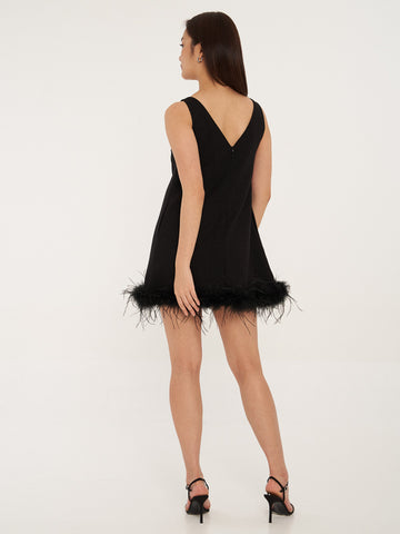 Feather Trimmed Sleeveless Mini Dress
