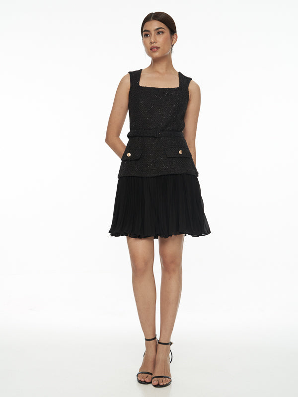 Faux Two-Piece Pleated Skirt Tweed Dress