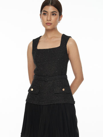 Faux Two-Piece Pleated Skirt Tweed Dress