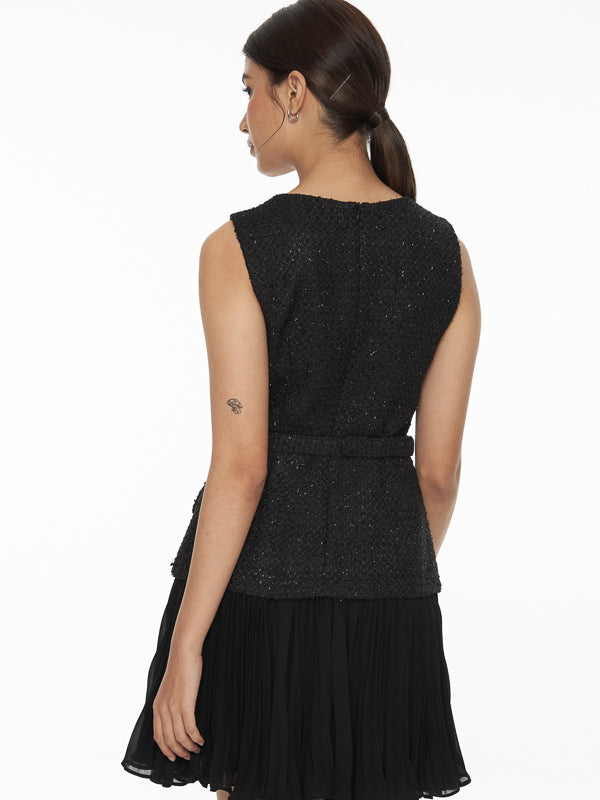 Faux Two-Piece Pleated Skirt Tweed Dress