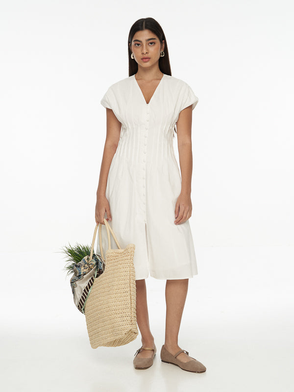 Pleated Cotton Midi Dress