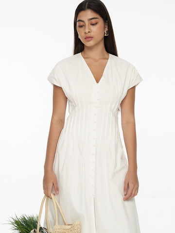Pleated Cotton Midi Dress