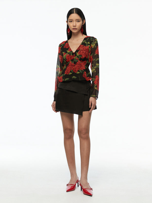 Printed V-Neck Long Sleeve Top