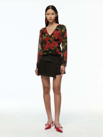 Printed V-Neck Long Sleeve Top