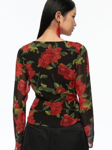 Printed V-Neck Long Sleeve Top