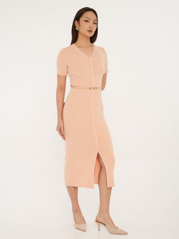 Belted V-Neck Knit Dress