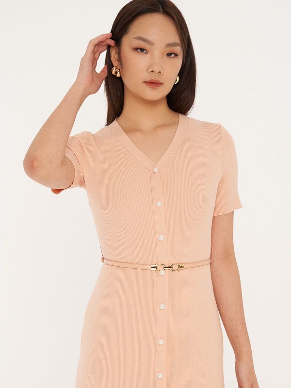 Belted V-Neck Knit Dress