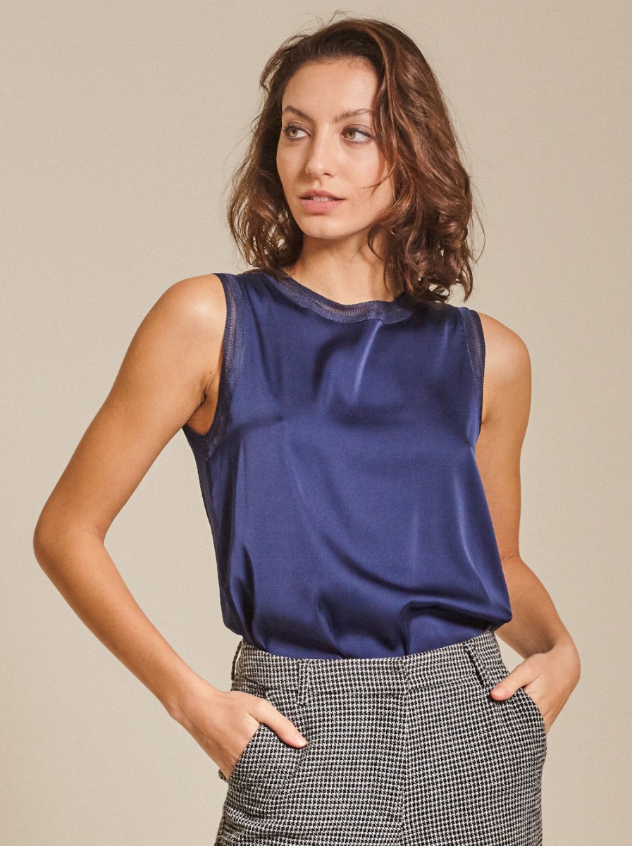 Rib-trimmed Satin Top