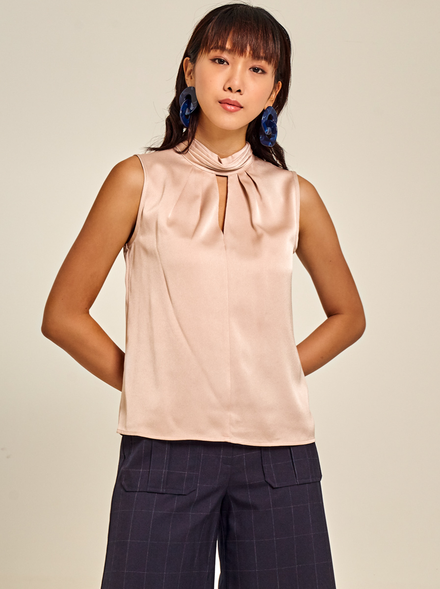 Mock Neck Keyhole Crepe Top