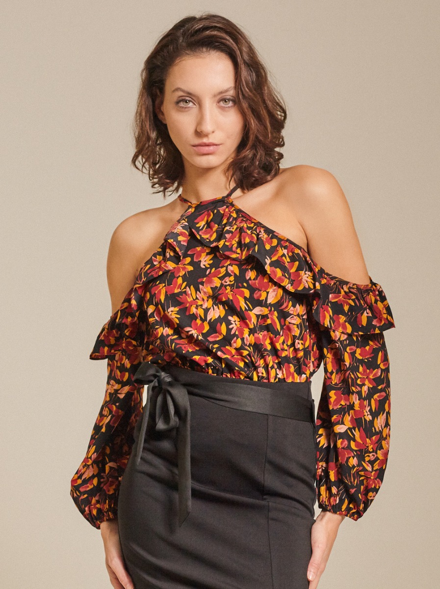 Ruffled Cold-shoulder Crepe Top