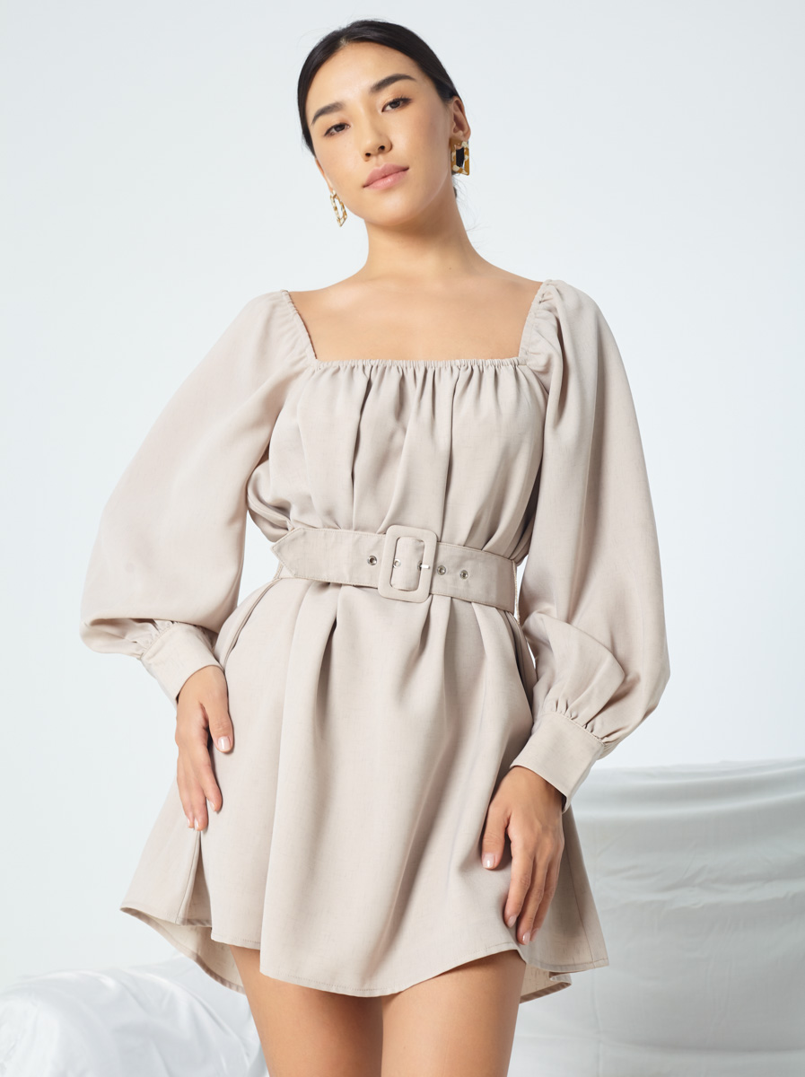 Square Neckline Dress with Long Puffy Sleeves